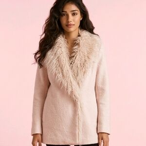 ZARA TRF Ivory Wool Blend Coat with Shaggy Faux Fur Collar – Chic Layer S